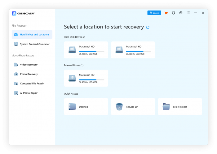 the interface of ONERECOVERY