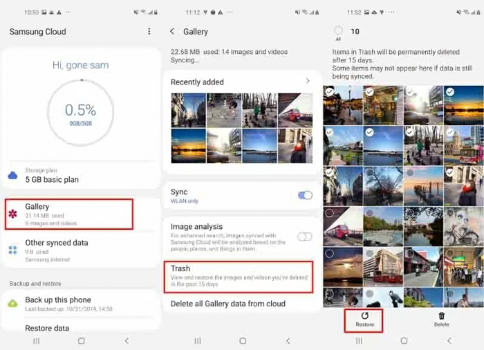 Restore photos in Samsung gallery