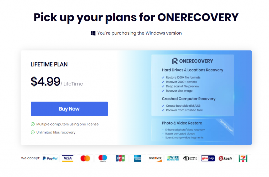 pricing plan of ONERECOVERY