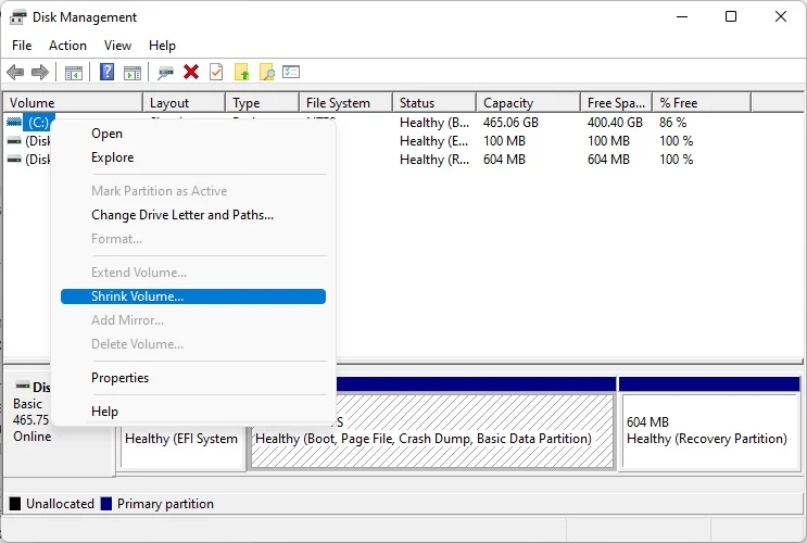 Shrink Volume on Windows Disk Management