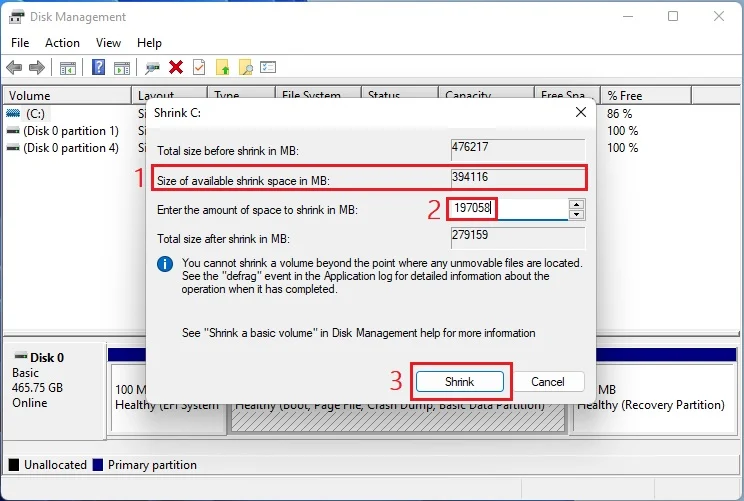 enter the value on Windows Disk Management