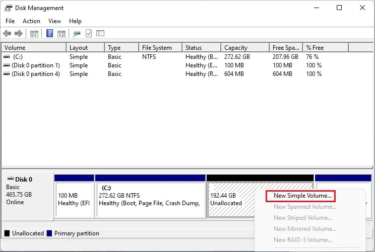 New Simple Volume on Windows Disk Management