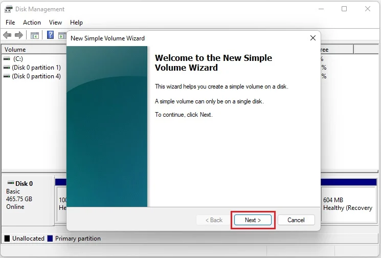 Next step of New Simple Volume on Windows Disk Management