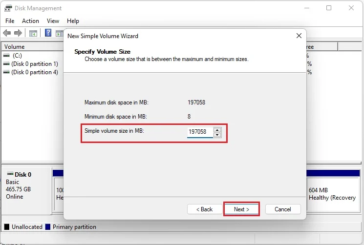 Simple volume size in MB on Windows Disk Management