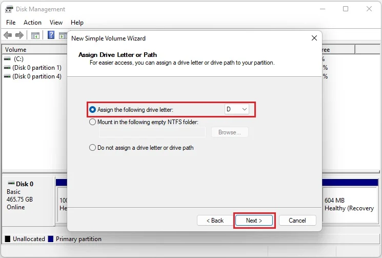 Assign the following drive letter on Windows Disk Management