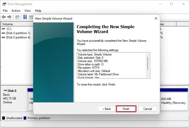 Finish on Windows Disk Management