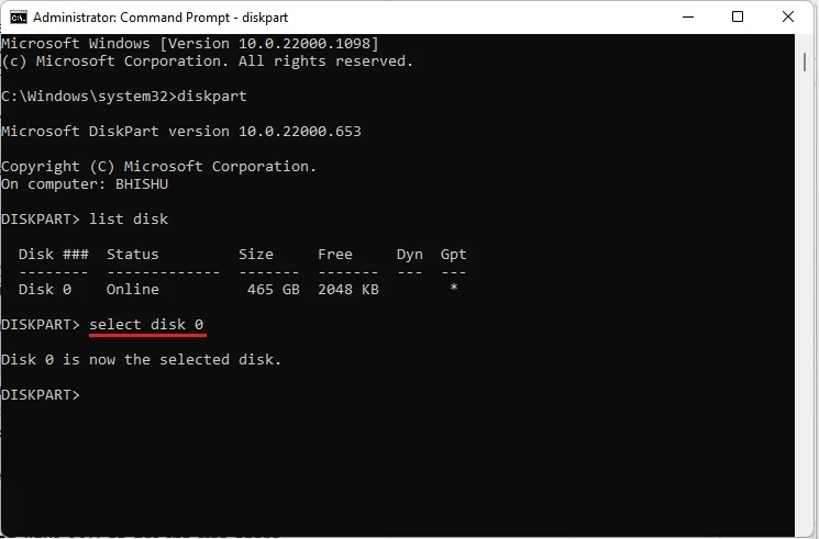 inputting "select disk LETTER_OF_DISK"