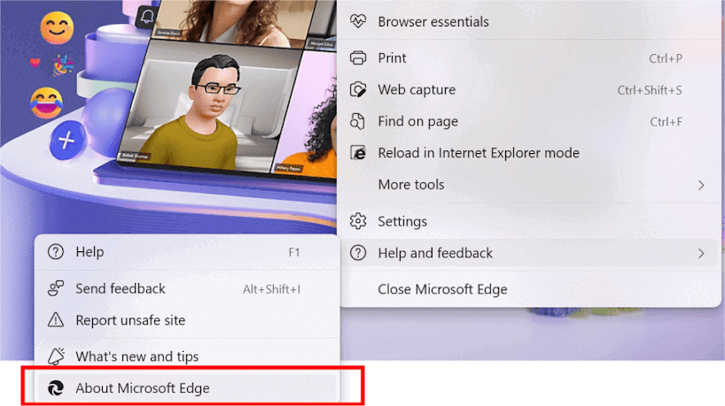 a screenshot: Click Help and Feedback> About Microsoft Edge.