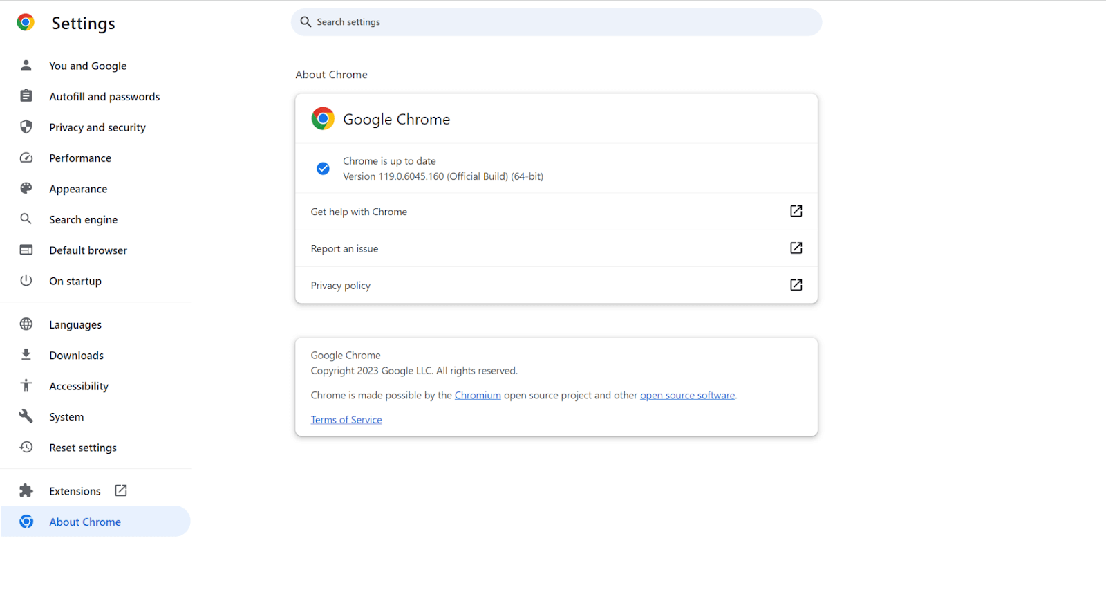 a screenshot of Google Chrome Settings.