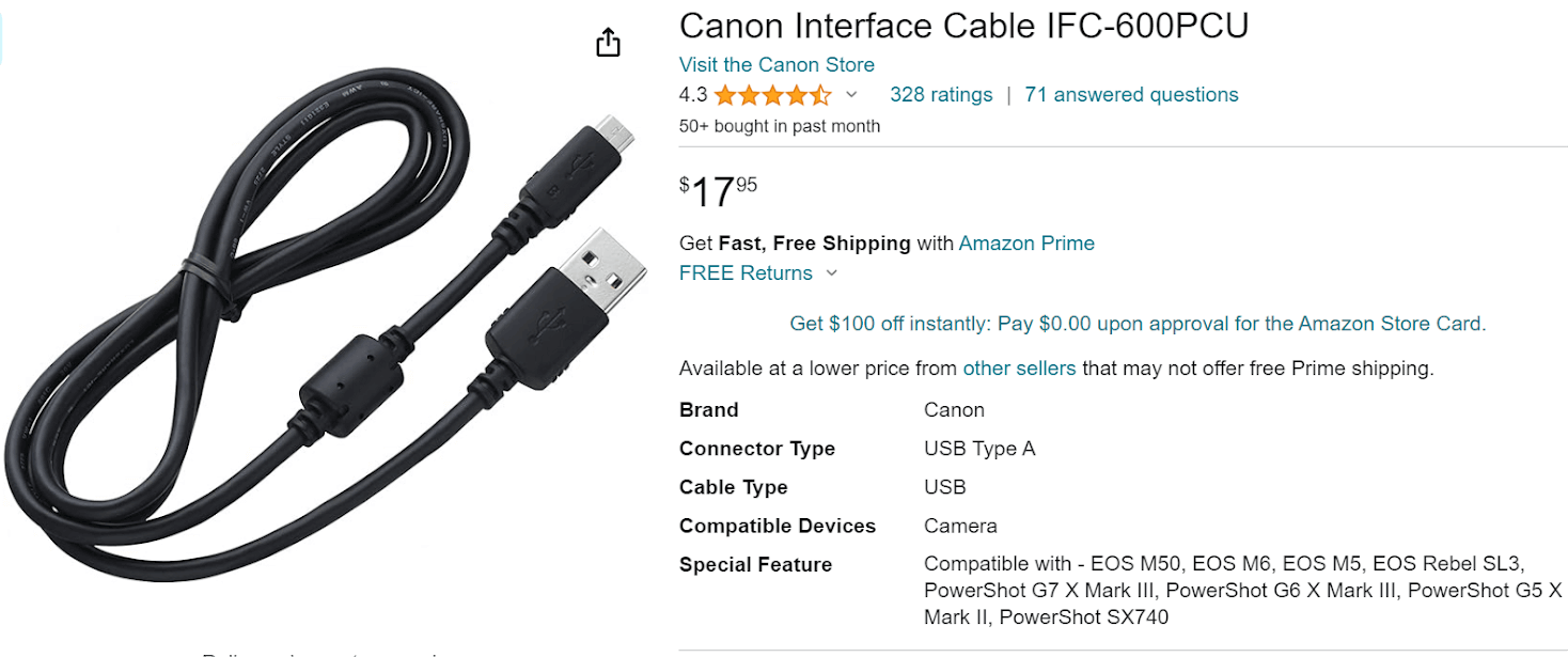 a screenshot of Amazon" Canon Interface Cable IFC-600PCU