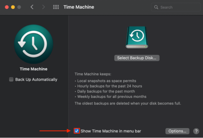 At the bottom of the screen, check the Show Time Machine in the menu bar option.