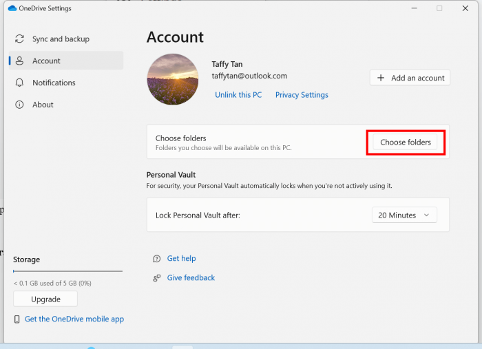 click the choose folder button on OneDrive