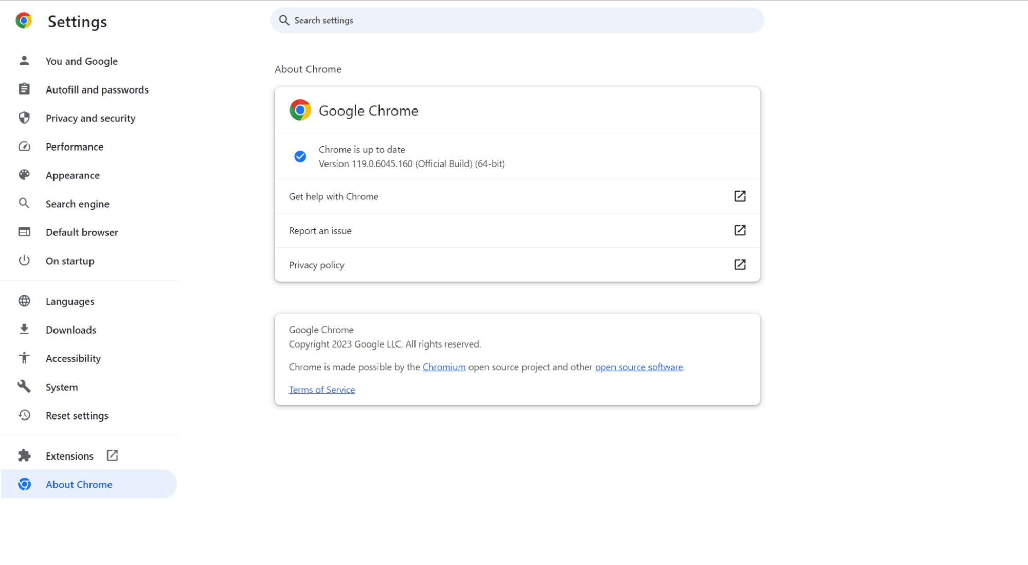 a screenshot of "About Chrome".
