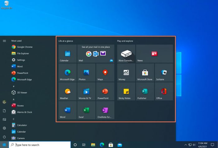 start menu in wondows 10