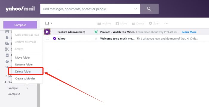 the screenshot of deleting folder on Yahoo mail