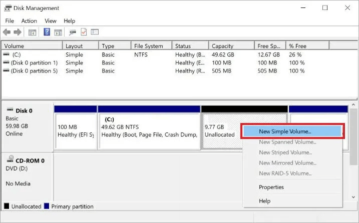 a screenshot of the Disk Management: select the "New Simple Volume" option.