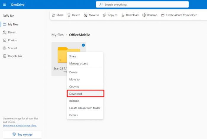 click the download button on OneDrive