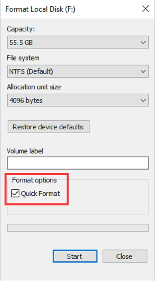 Choose the file system and check for the Quick Format option.