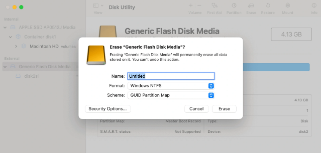 format USB flash drive to NTFS with disk utility