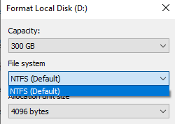 format USB to NTFS via the file explorer