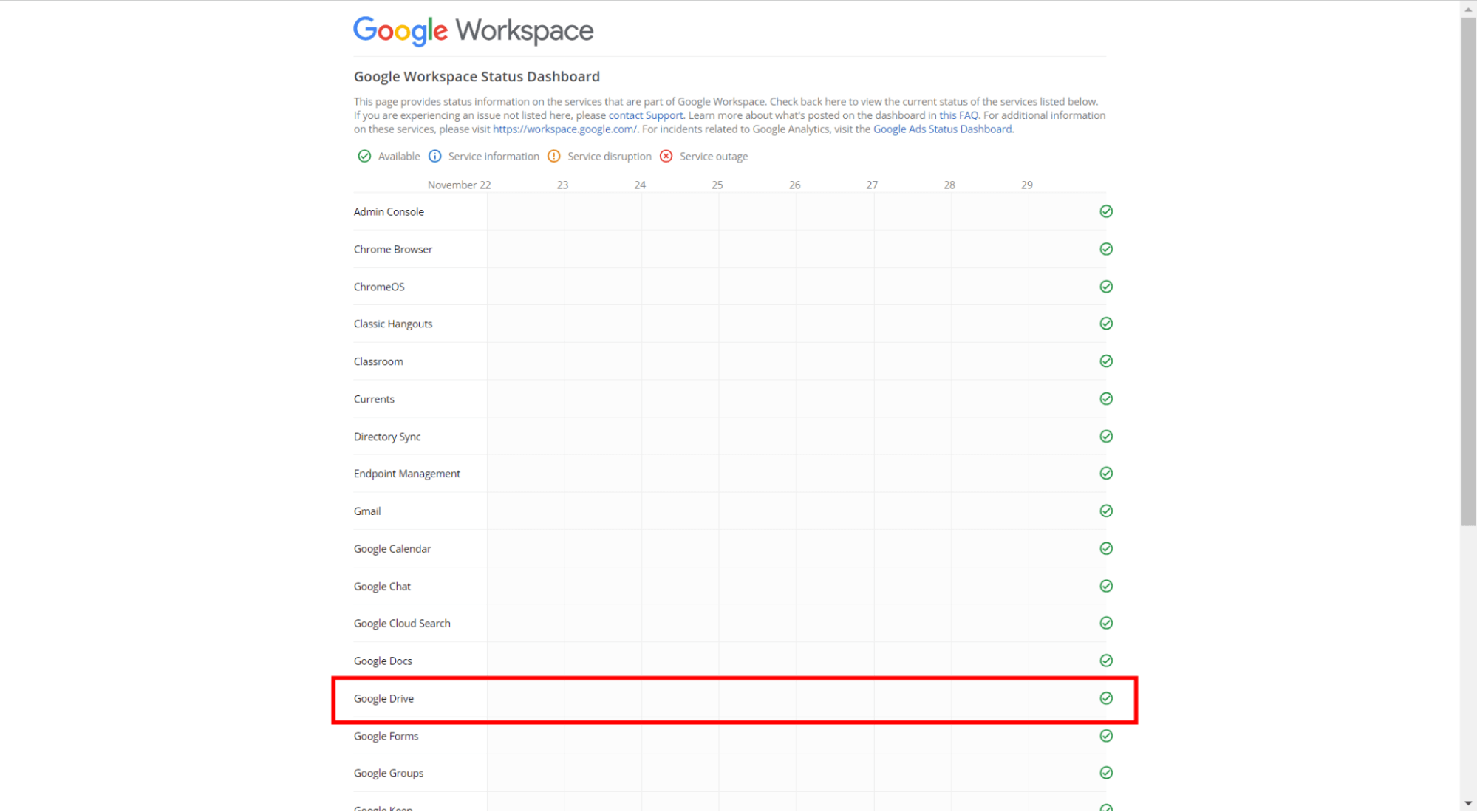 a screenshot of Google Workspace Status Dashboard.