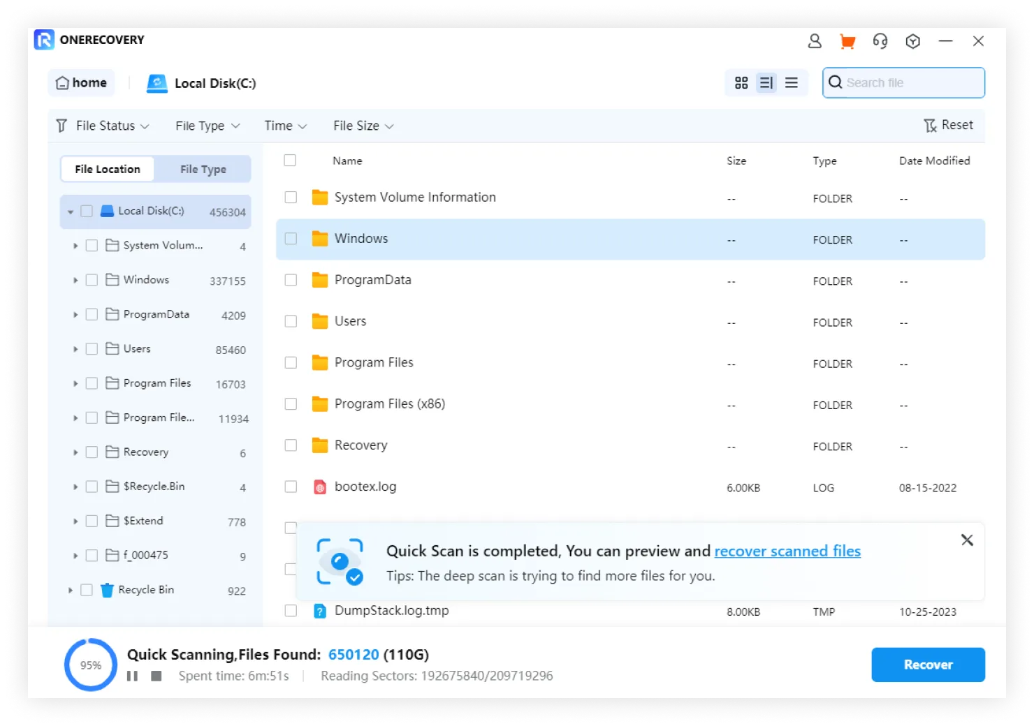 scanning files using onerecovery data recovery software