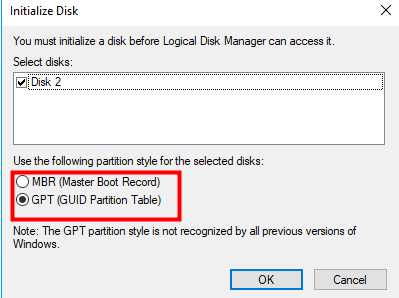 select the disk type (MBR or GPT) 