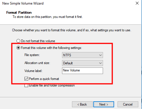 format this volume with the following settings