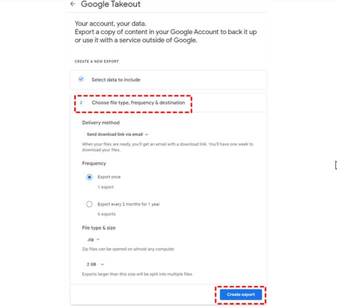 Create Export in Google Takeout