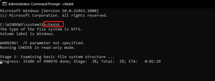 Type "chkdsk" in the Command Prompt 
