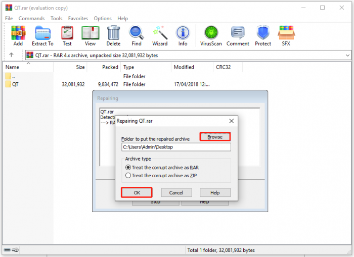 Repair files on WinRAR
