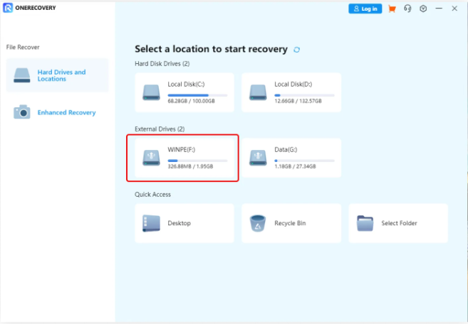 select an external hard drive on ONERECOVERY data recovery software