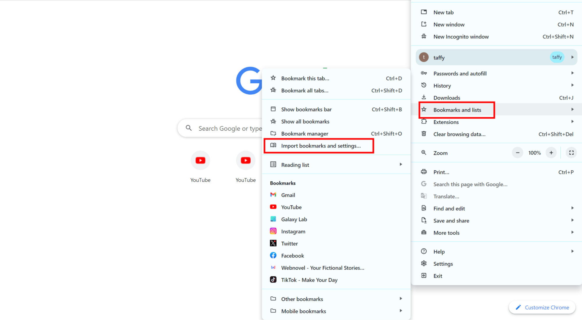 Click Import bookmarks and settings.