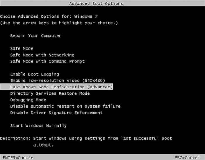 the screenshot of Last Known Good Configuration option