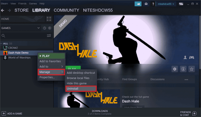 manage uninstall on steam