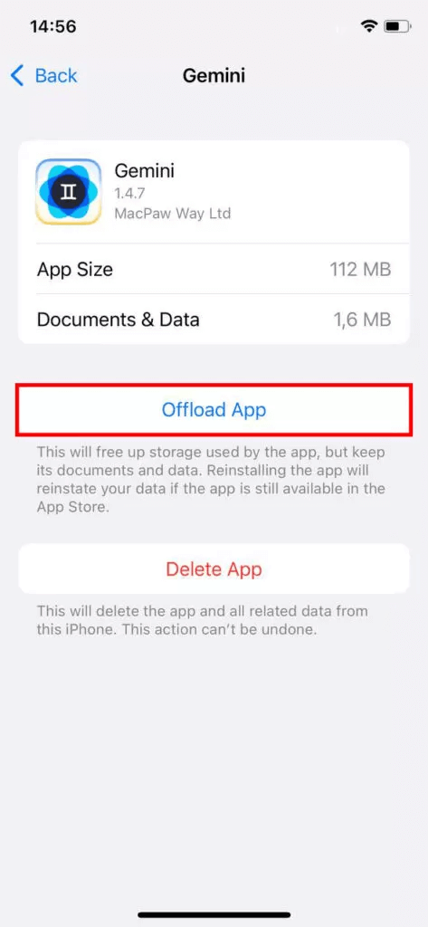 the screenshot of offload app button on iPhone