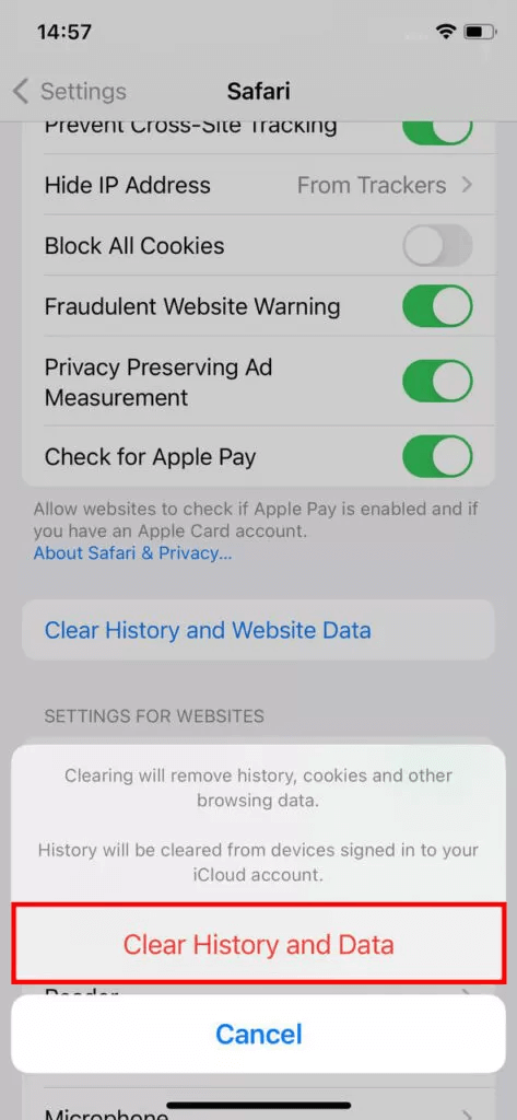 confirm twice to clear all history and data