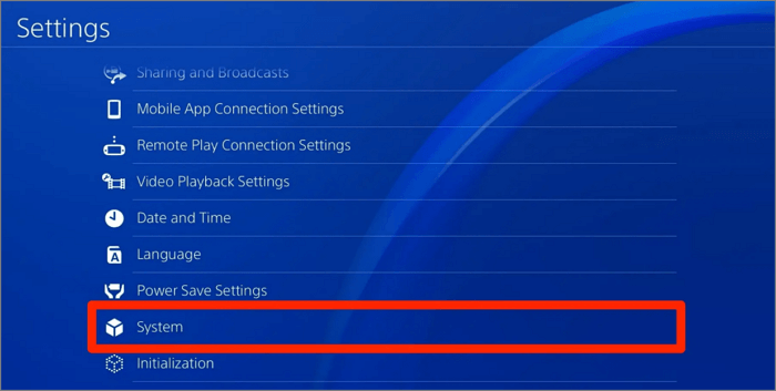 a screenshot of PS4 Settings: select "System"