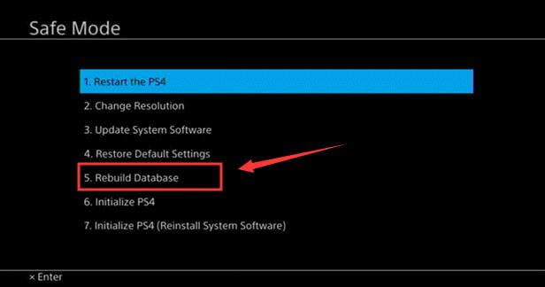 The screen of PS4 Safe Mode: select the "Rebuild Database" option.