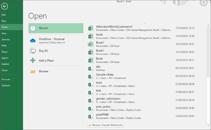 recent workbook of excel