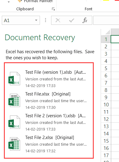 the screenshot of recover unsaved files in excel document recovery