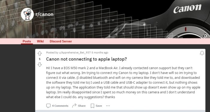 the screenshot of reddit: a user ask Canon not connecting to apple laptop