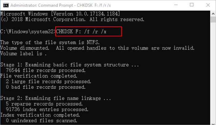 run chkdsk in command prompt