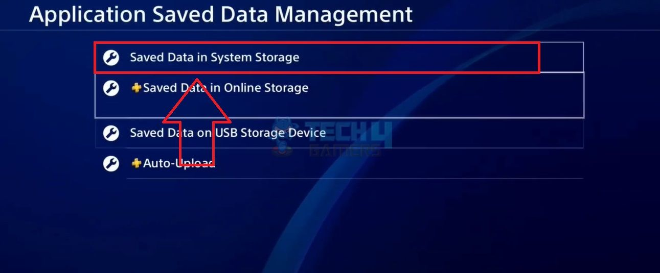a screenshot of PS4: Select the "Saved Data in System Storage" option.