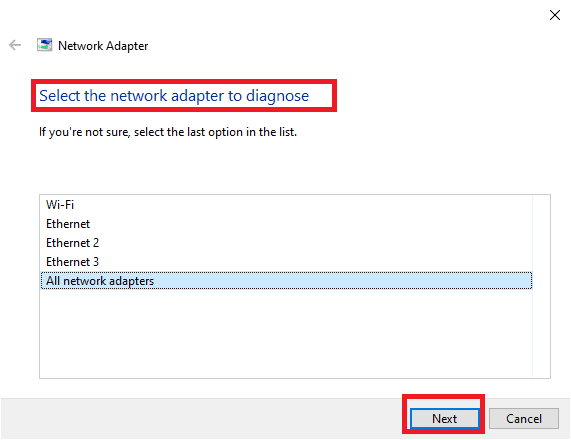 a screenshot: Select the network adapter to diagnose.