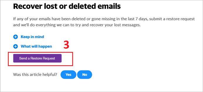 send a restore request button on Yahoo