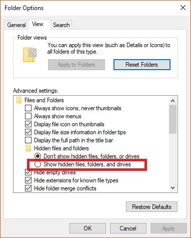 the button show hidden files folders and drives