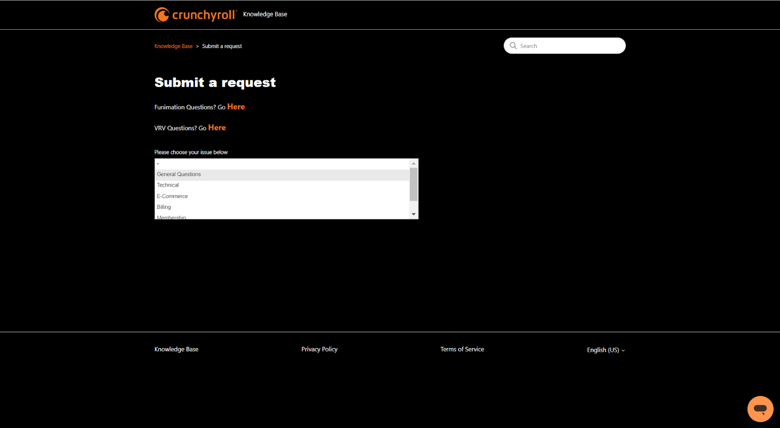 a screenshot of Crunchyroll: Submit a request.
