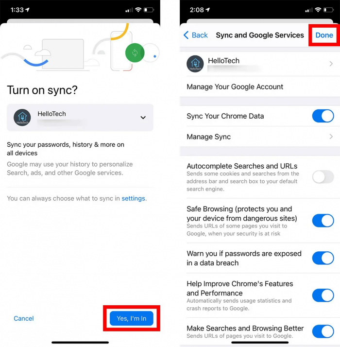 sync and google services button on iPhone