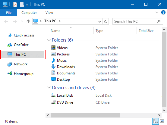 this PC button under File Explorer